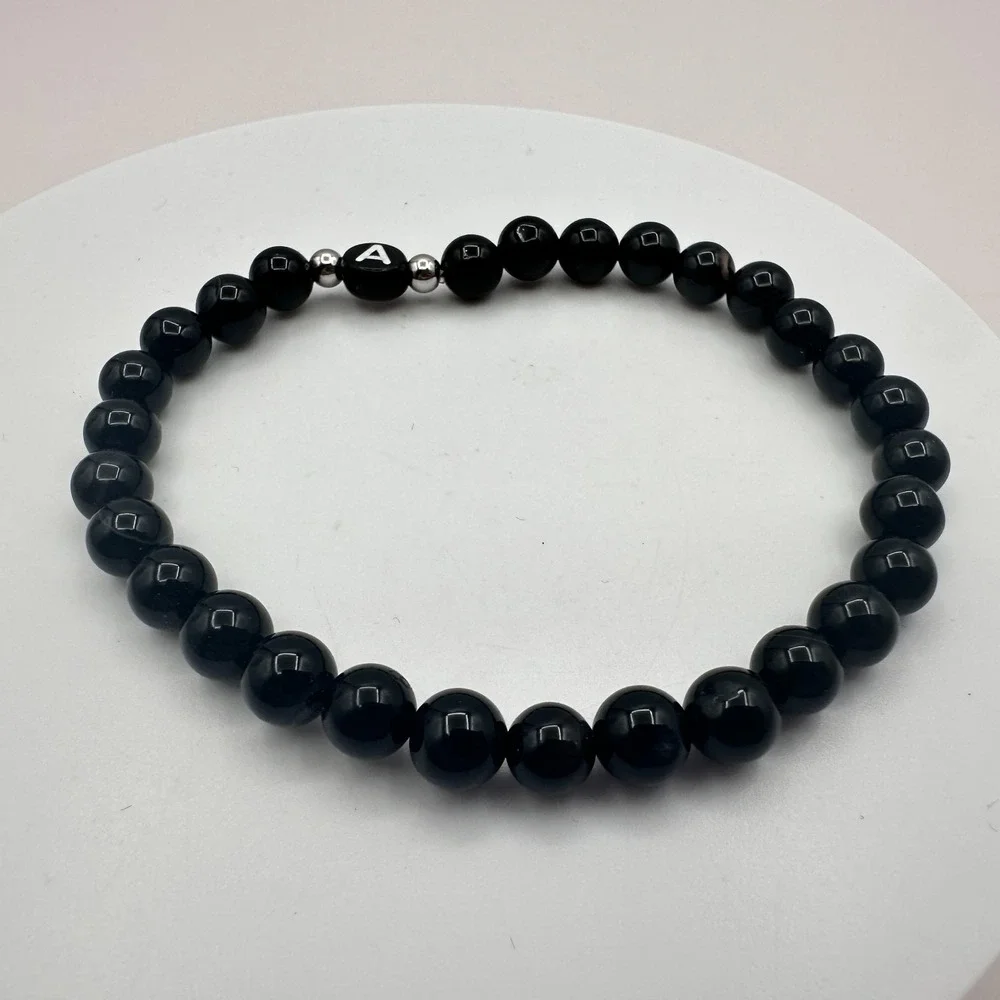 Vintage 90s Silver-Tone A Initial Black Beaded Stretch Bracelet Classic Jewelry